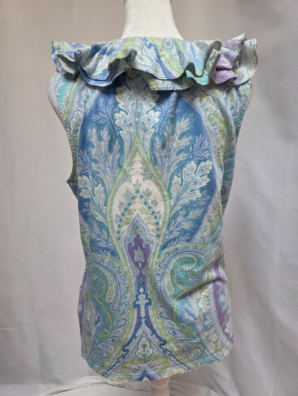 Lauren Ralph Lauren Paisley Ruffle Neck Sleeveless Cotton Blouse Large - Picture 3 of 6